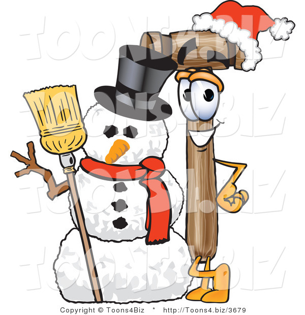 Vector Illustration of a Cartoon Mallet Mascot with a Snowman on Christmas