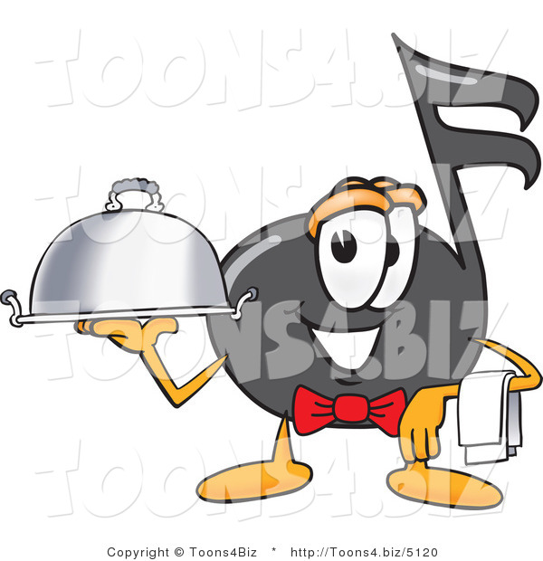 Vector Illustration of a Cartoon Music Note Mascot Dressed As a Waiter and Holding a Serving Platter