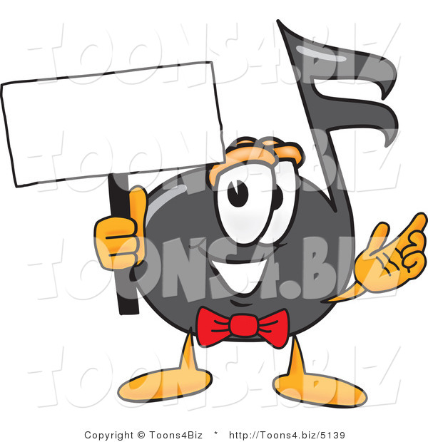 Vector Illustration of a Cartoon Music Note Mascot Holding a Blank Sign