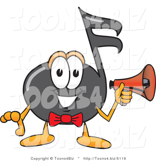 Vector Illustration of a Cartoon Music Note Mascot Holding a Megaphone
