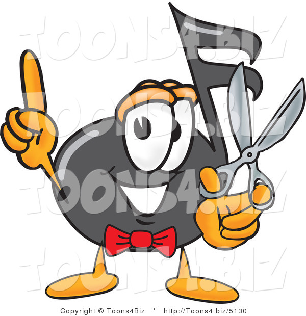Vector Illustration of a Cartoon Music Note Mascot Holding a Pair of Scissors