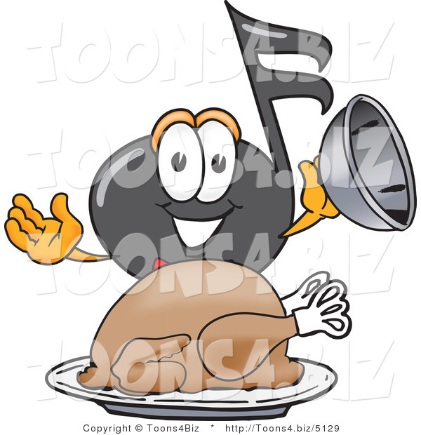 Vector Illustration of a Cartoon Music Note Mascot Serving a Thanksgiving Turkey on a Platter