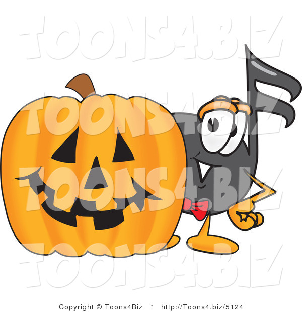 Vector Illustration of a Cartoon Music Note Mascot with a Carved Halloween Pumpkin
