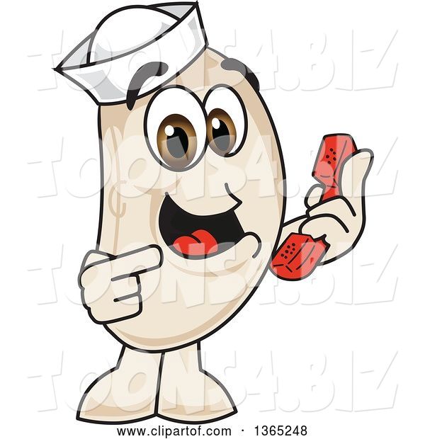 Vector Illustration of a Cartoon Navy Bean Mascot Holding and Pointing to a Telephone