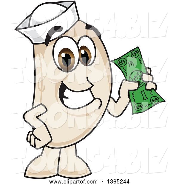 Vector Illustration of a Cartoon Navy Bean Mascot Holding Cash