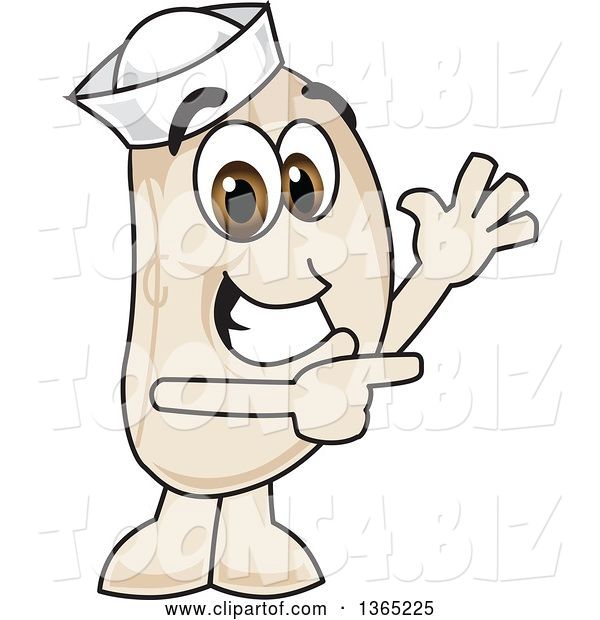 Vector Illustration of a Cartoon Navy Bean Mascot Waving and Pointing