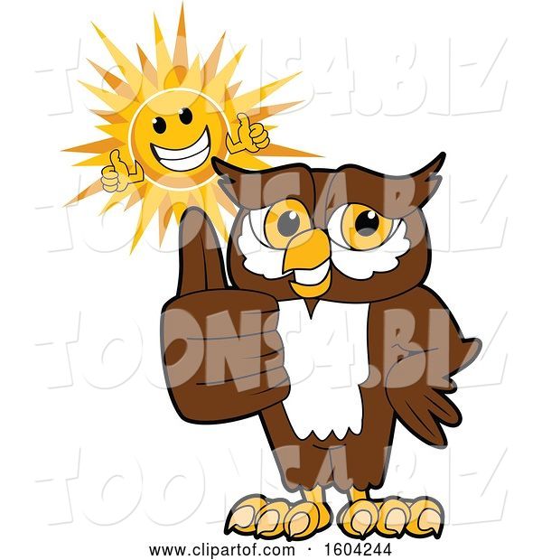 Vector Illustration of a Cartoon Owl School Mascot and Happy Sun Giving Thumbs up
