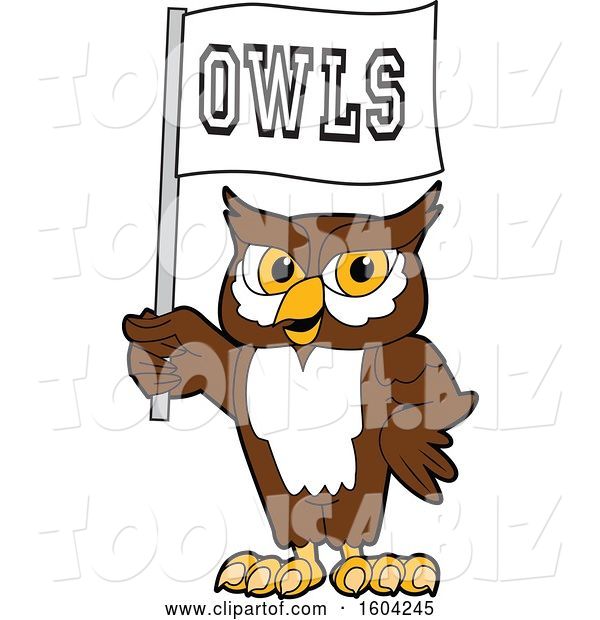 Vector Illustration of a Cartoon Owl School Mascot Holding a Flag
