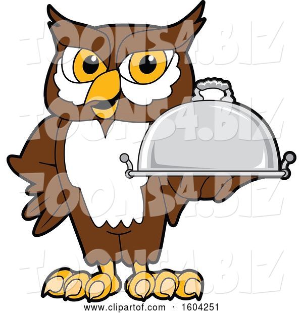 Vector Illustration of a Cartoon Owl School Mascot Holding a Platter