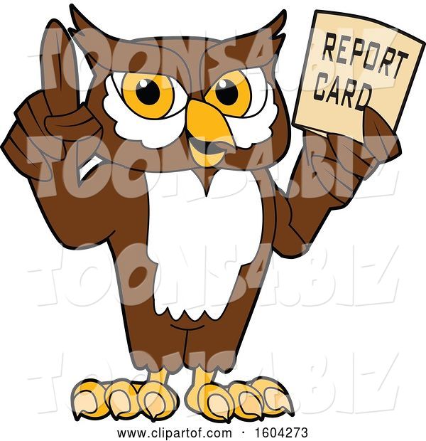 Vector Illustration of a Cartoon Owl School Mascot Holding a Report Card