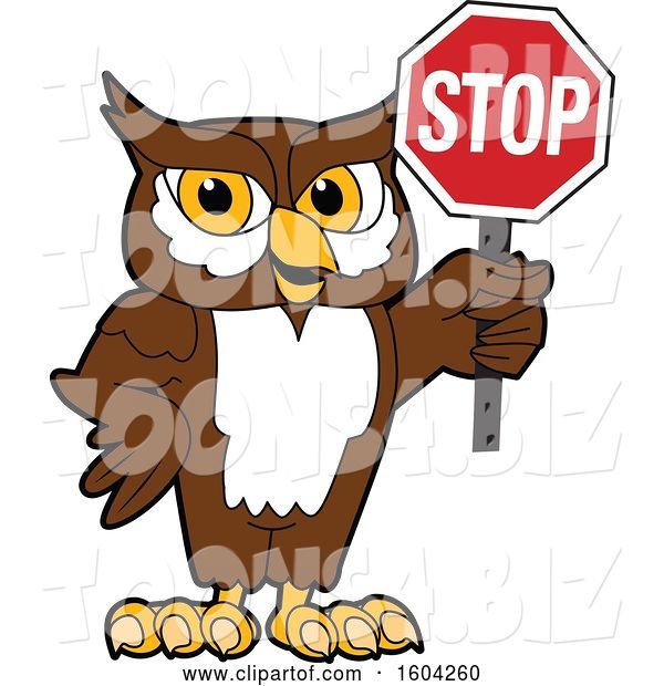 Vector Illustration of a Cartoon Owl School Mascot Holding a Stop Sign