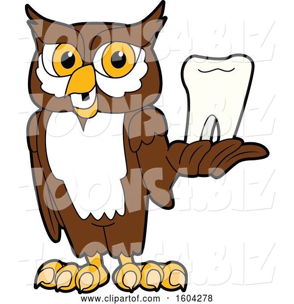 Vector Illustration of a Cartoon Owl School Mascot Holding a Tooth
