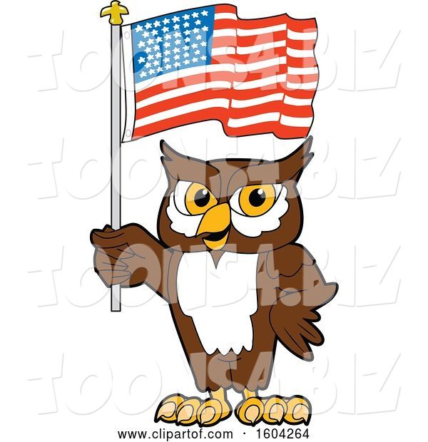 Vector Illustration of a Cartoon Owl School Mascot Holding an American Flag