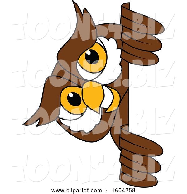 Vector Illustration of a Cartoon Owl School Mascot Looking Around a Sign