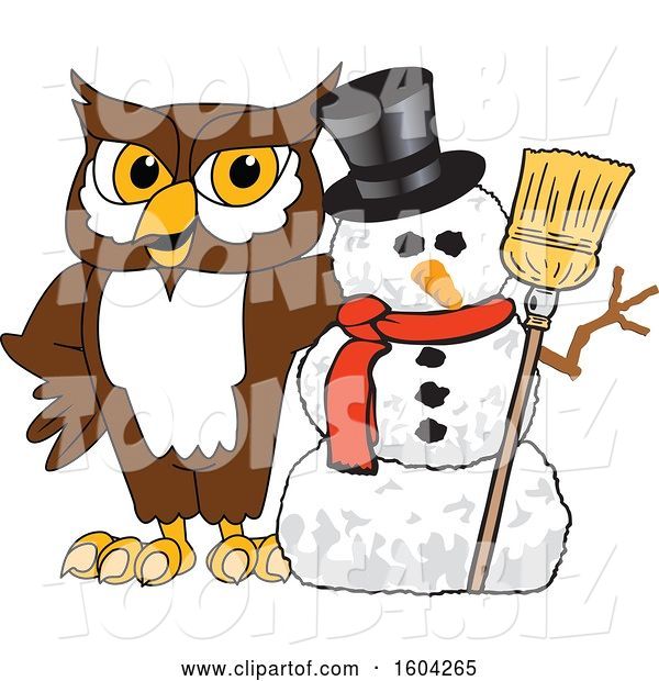 Vector Illustration of a Cartoon Owl School Mascot with a Christmas Snowman