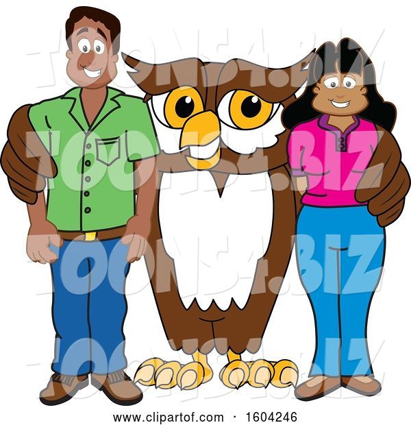 Vector Illustration of a Cartoon Owl School Mascot with Parents