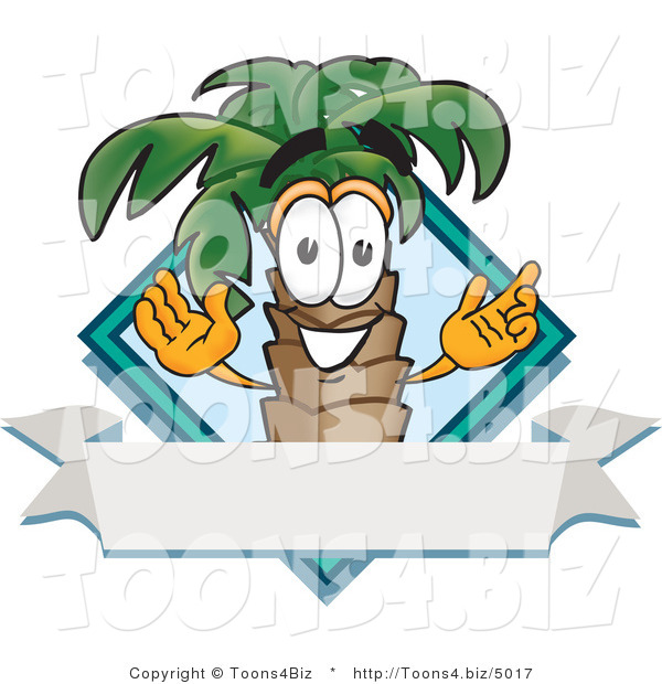 Vector Illustration of a Cartoon Palm Tree Mascot over a Blank Banner on a Travel Business Label Logo