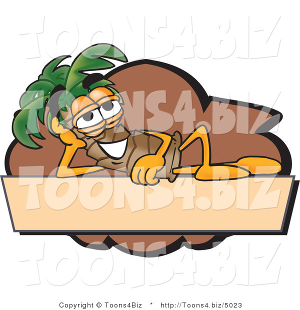 Vector Illustration of a Cartoon Palm Tree Mascot over a Blank Tan Business Label