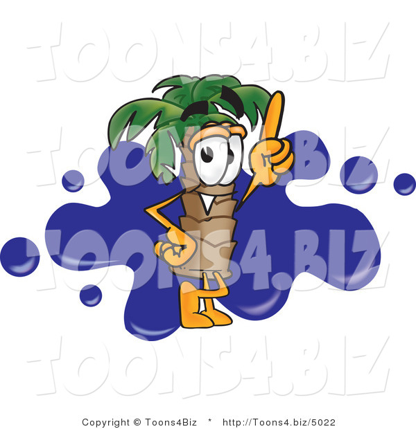 Vector Illustration of a Cartoon Palm Tree Mascot Pointing Upwards and Standing in Front of a Blue Paint Splatter on a Travel Business Logo