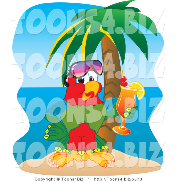 Vector Illustration of a Cartoon Parrot Mascot Drinking a Cocktail on a Tropical Beach