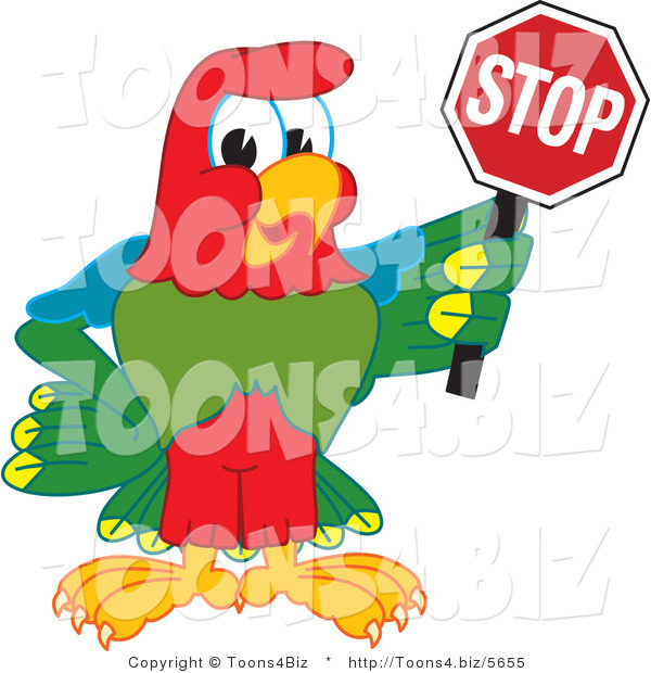 Vector Illustration of a Cartoon Parrot Mascot Holding a Stop Sign