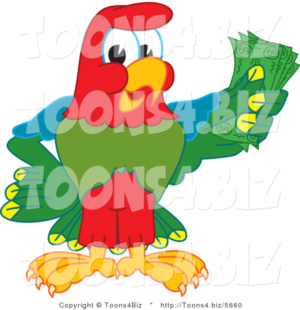 Vector Illustration of a Cartoon Parrot Mascot Holding Cash