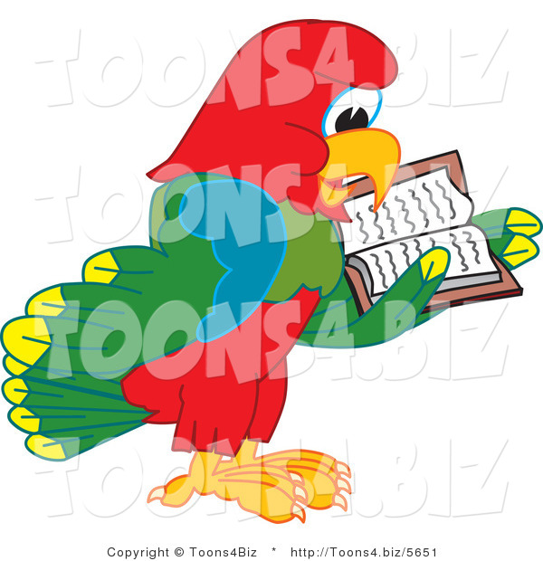Vector Illustration of a Cartoon Parrot Mascot Reading
