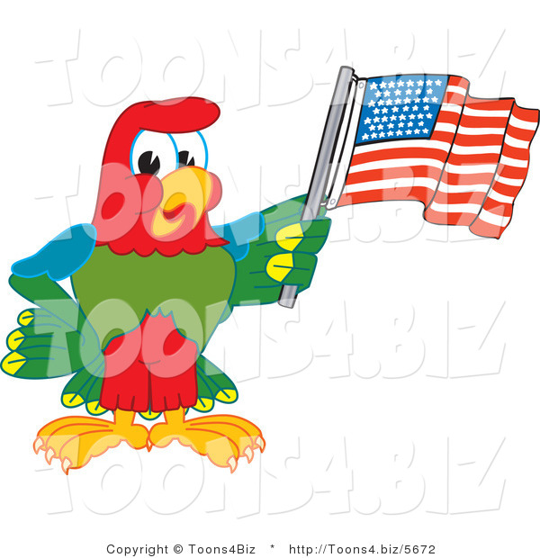 Vector Illustration of a Cartoon Parrot Mascot Waving an American Flag