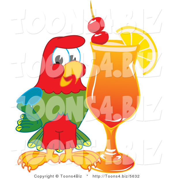 Vector Illustration of a Cartoon Parrot Mascot with a Fruity Cocktail