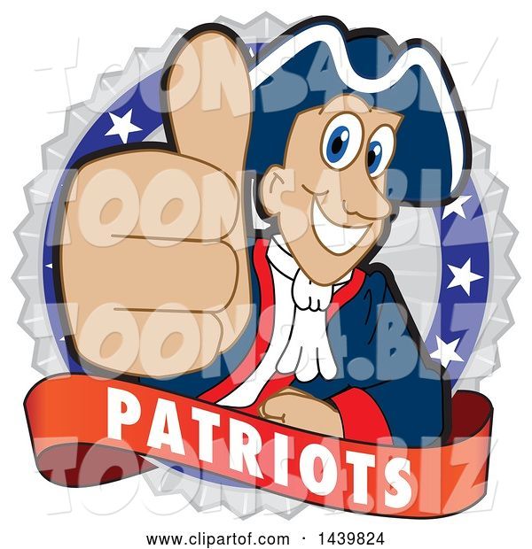 Vector Illustration of a Cartoon Patriot Mascot Giving a Thumb up on a Badge