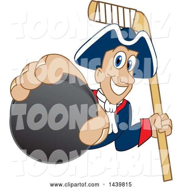 Vector Illustration of a Cartoon Patriot Mascot Grabbing a Hockey Puck and Holding a Stick