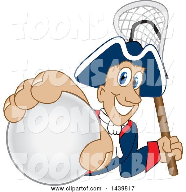 Vector Illustration of a Cartoon Patriot Mascot Grabbing a Lacrosse Ball and Holding a Stick
