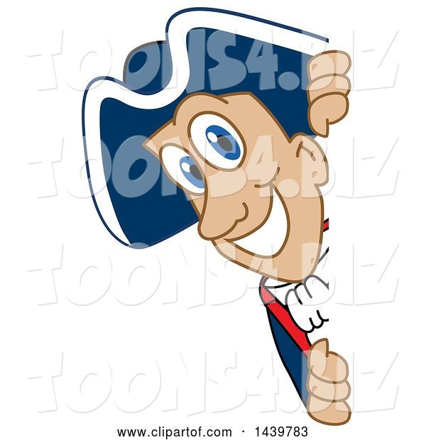 Vector Illustration of a Cartoon Patriot Mascot Looking Around a Sign
