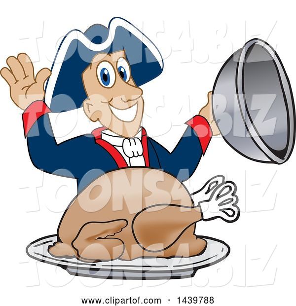 Vector Illustration of a Cartoon Patriot Mascot Serving a Roasted Thanksgiving Turkey