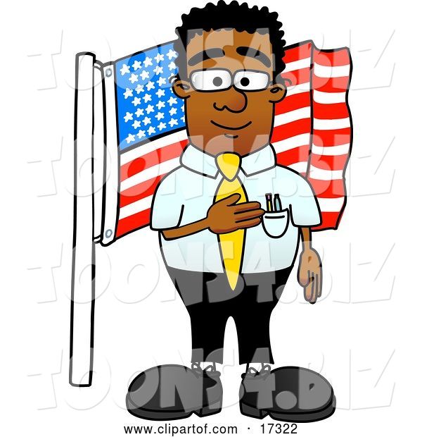 Vector Illustration of a Cartoon Patriotic Black Business Man Mascot Pledging Allegiance to an American Flag