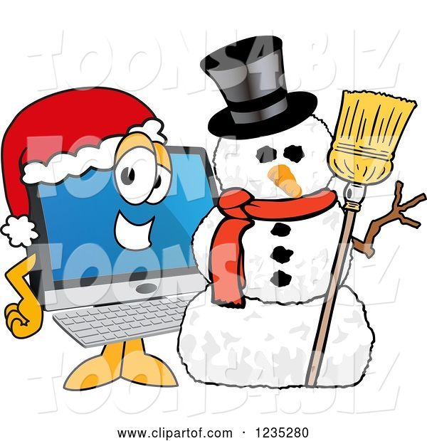 Vector Illustration of a Cartoon PC Computer Mascot by a Christmas Snowman