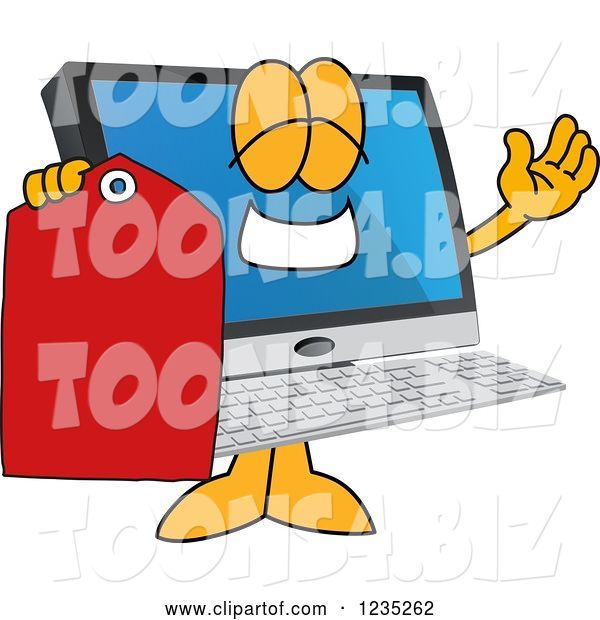 Vector Illustration of a Cartoon PC Computer Mascot Holding a Price Tag
