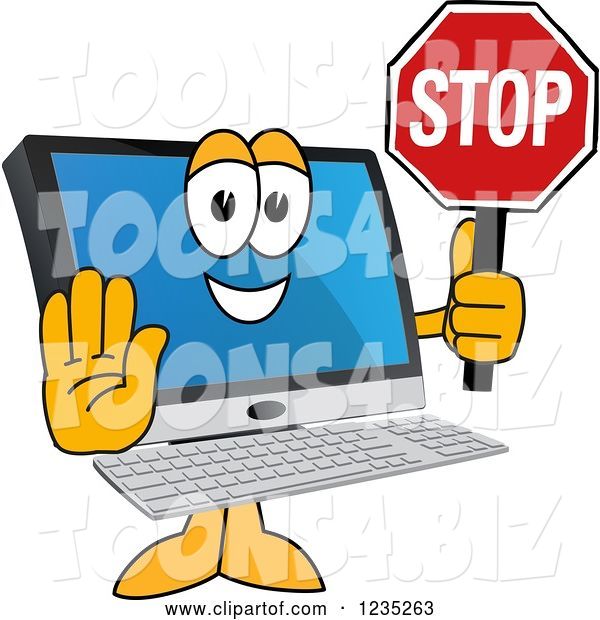 Vector Illustration of a Cartoon PC Computer Mascot Holding a Stop Sign
