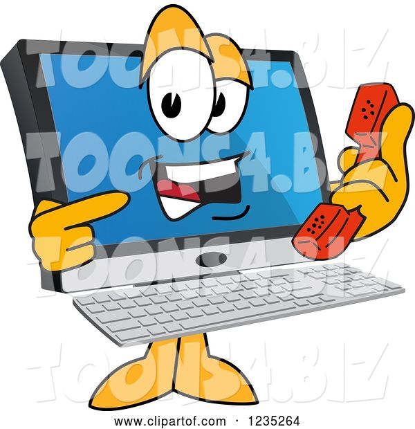 Vector Illustration of a Cartoon PC Computer Mascot Holding and Pointing to a Phone
