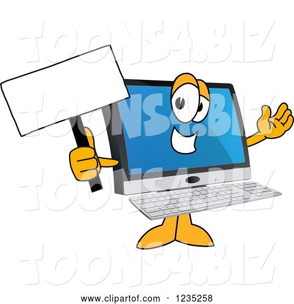 Vector Illustration of a Cartoon PC Computer Mascot Holding up a Blank Sign
