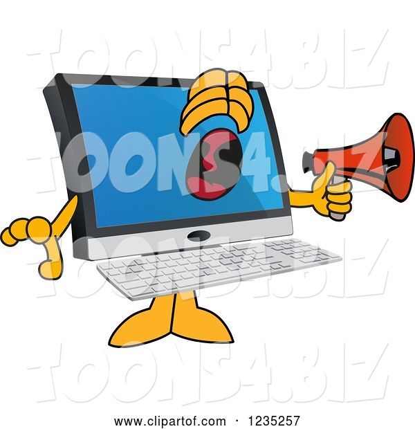 Vector Illustration of a Cartoon PC Computer Mascot Screaming into a Megaphone