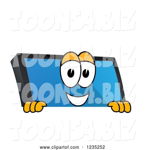 Vector Illustration of a Cartoon PC Computer Mascot Smiling over a Sign