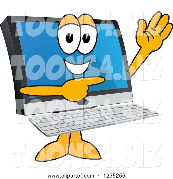 Vector Illustration of a Cartoon PC Computer Mascot Waving and Pointing