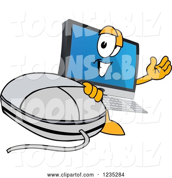 Vector Illustration of a Cartoon PC Computer Mascot Waving by a Mouse