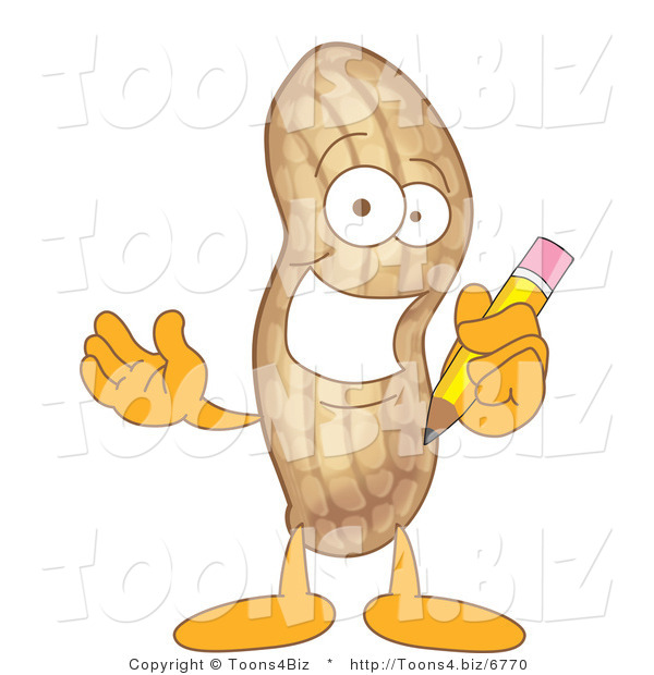 Vector Illustration of a Cartoon Peanut Mascot Holding a Pencil