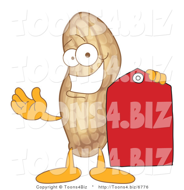 Vector Illustration of a Cartoon Peanut Mascot Holding a Red Price Tag