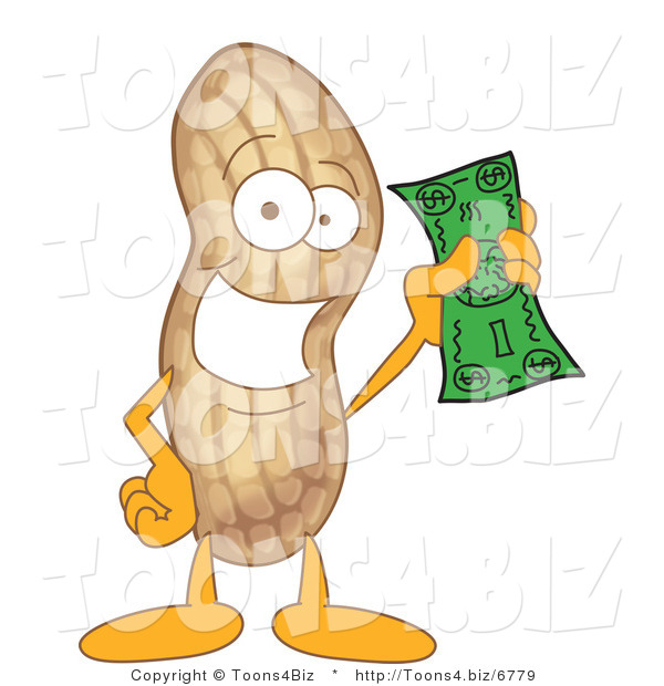 Vector Illustration of a Cartoon Peanut Mascot Holding Cash