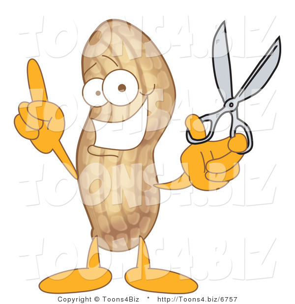 Vector Illustration of a Cartoon Peanut Mascot Holding Scissors