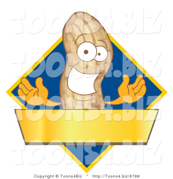 Vector Illustration of a Cartoon Peanut Mascot Logo with a Blue Diamond and Gold Banner