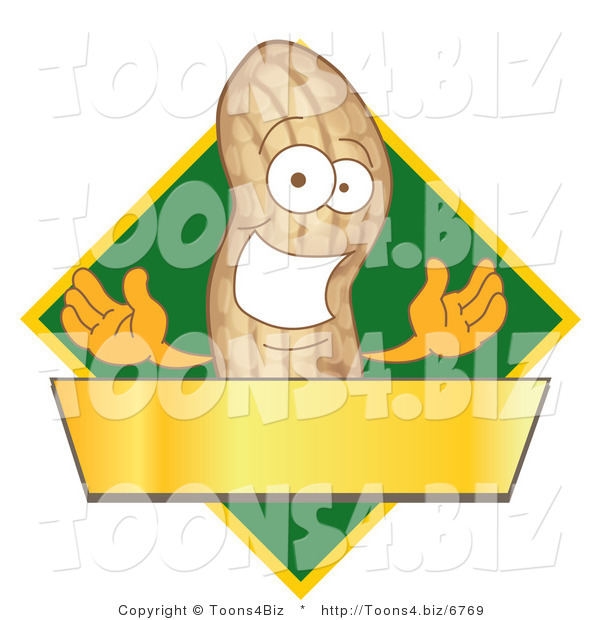 Vector Illustration of a Cartoon Peanut Mascot Logo with a Green Diamond and Gold Banner